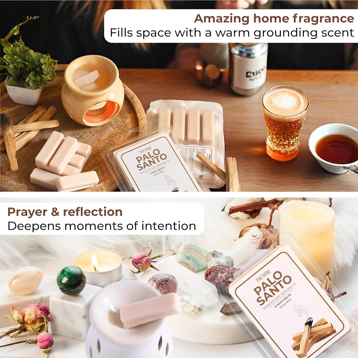 TRUMIRI Palo Santo Scented Wax Melts - Made with Non Toxic Soy Wax and Essential Oils - Long Lasting Strong Scent Pet Safe Candle Wax Cubes Tarts for Warmers Pack of 4 - for Cleansing Negative Energy