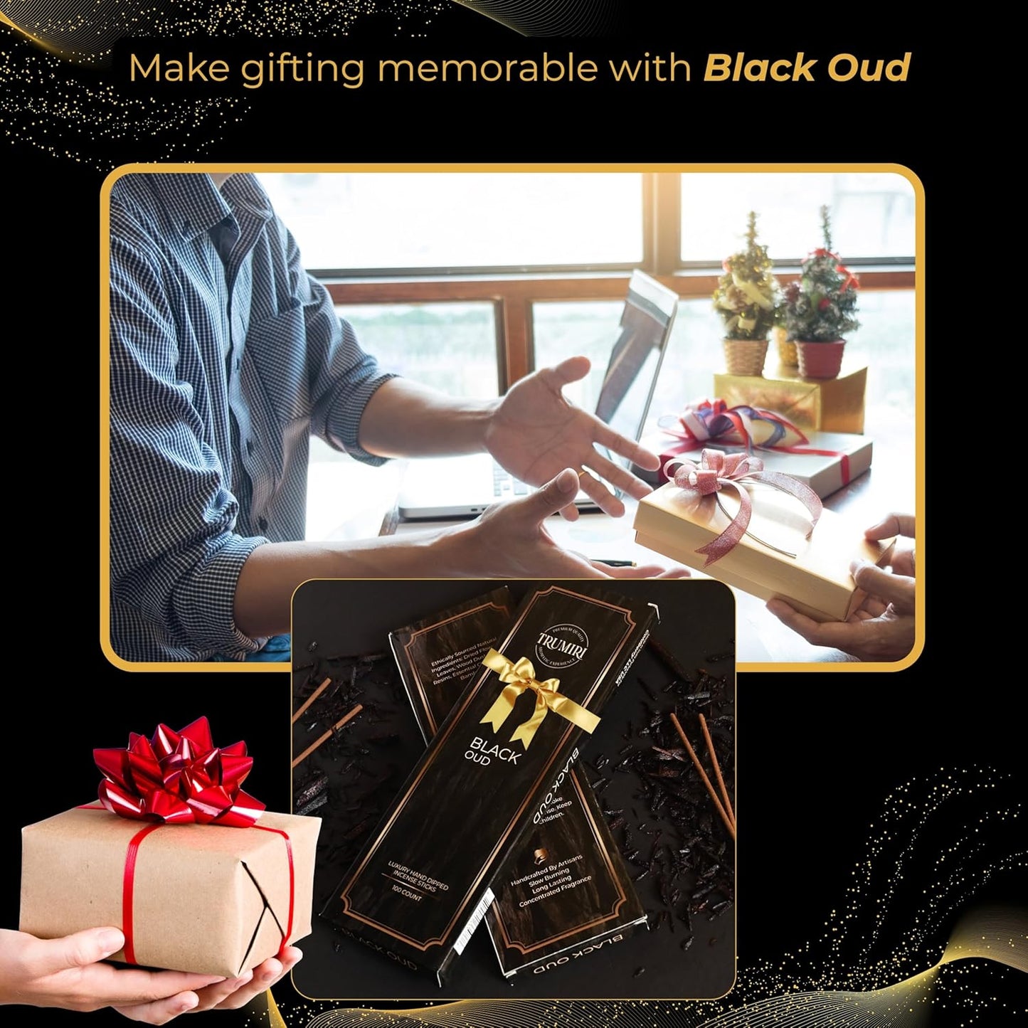 Black Oud Incense Sticks - Pack of 100 Insence-Sticks - Inciensos Aromaticos Made with Natural Oud Essential Oil - Scented Inscents Non Toxic Agarbatti Insense
