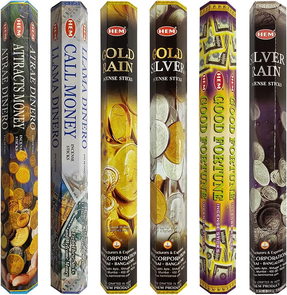 Hem 6 Money Themed Scents Incense Sticks Variety Pack - 20 sticks/scent - Total Approx 120 Joss Sticks Incienso Sahumerio