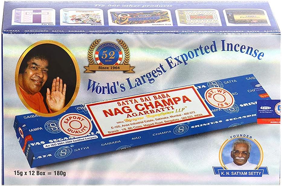 Satya Nag Champa Incense Sticks - 12 Packs of 15g Nagchampa - Total Approx 180 Indian Agarbatti Spiritual Sticks