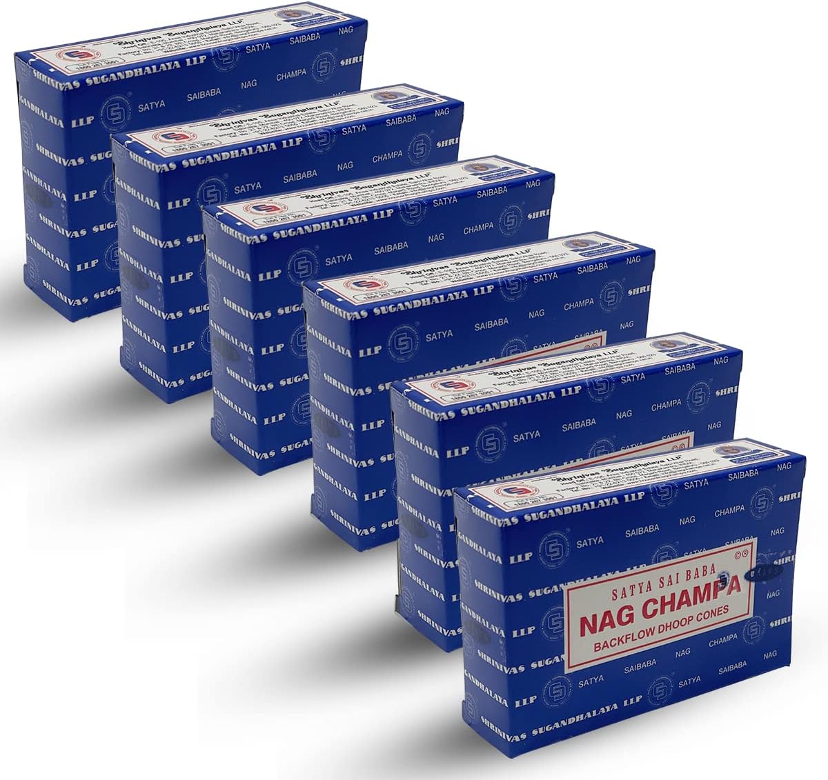 Satya Nag Champa Backflow Incense Cones - 6 Packs of 10 Nagchampa cones - Total Approx 60 Incense Waterfall Cones