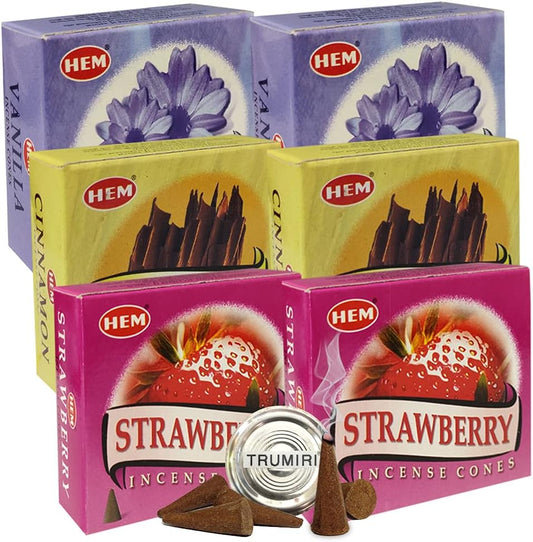 Hem Vanilla Cinnamon and Strawberry Incense Cones Variety Pack - 10 cones/scent - Total Approx 60 Cones