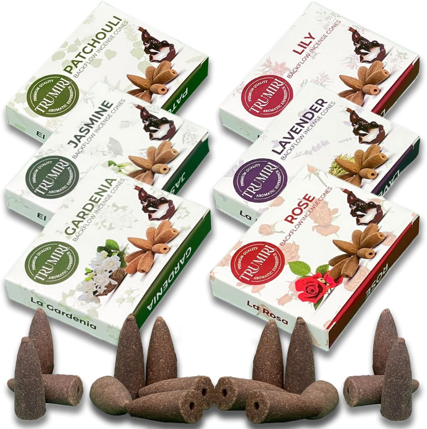 Floral Scents Backflow Incense Cones Variety Pack of 6 Scents with 10 Waterfall Cones per Scent - Total 60 Cones