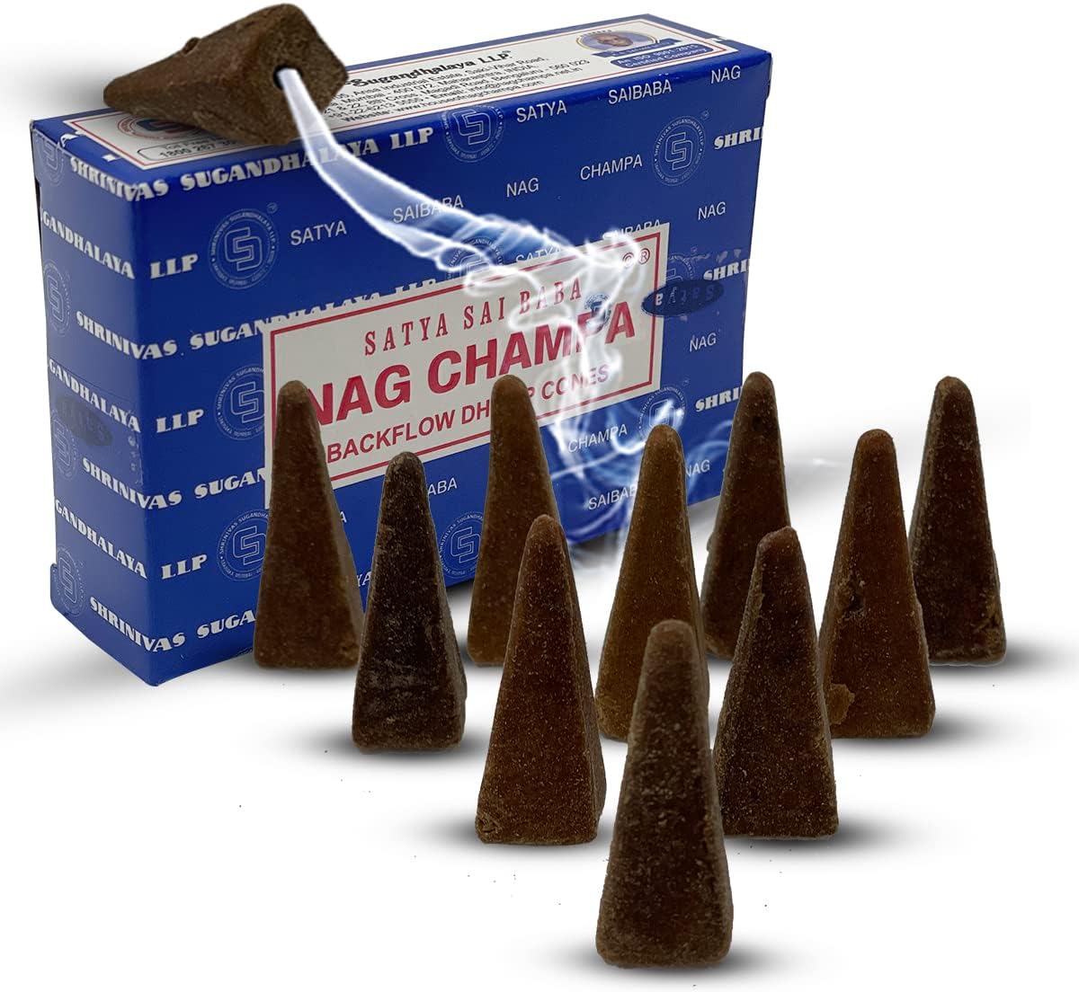 Satya Nag Champa Backflow Incense Cones - 6 Packs of 10 Nagchampa cones - Total Approx 60 Incense Waterfall Cones
