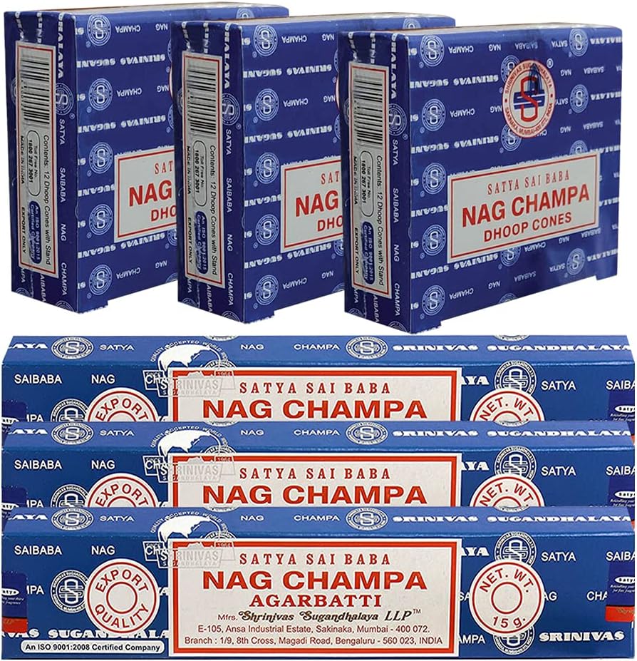 Satya Nag Champa Incense Sticks and Cones Combo Pack - Total Approx 45 Nagchampa Sticks and 36 Dhoop Incense cones