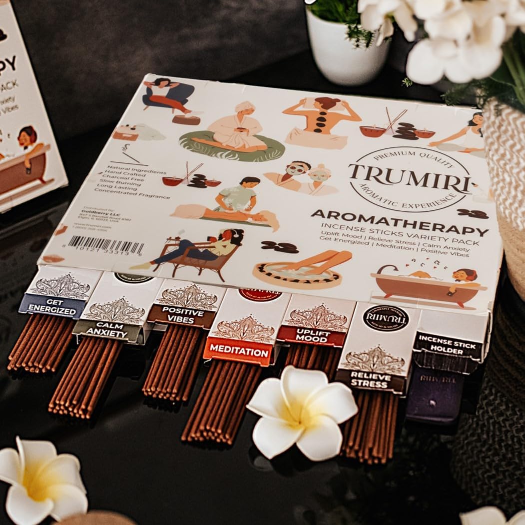 Aromatherapy Incense Sticks Variety Pack with Incense Holder - 6 Scents - 20 Sticks/Scent - Total 120 Sticks - Incienso Sahumerio Agarbatti