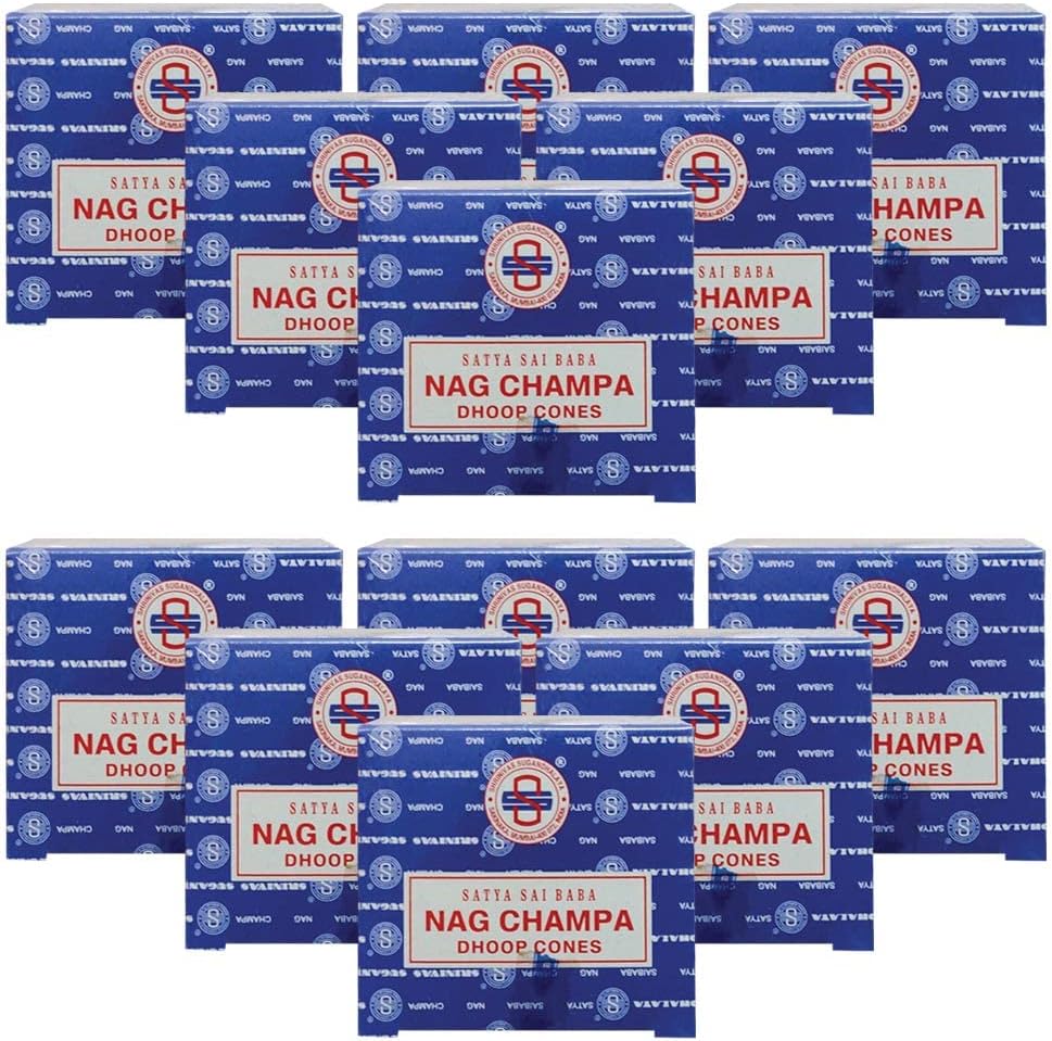 Satya Nag Champa Incense Cones - 12 Packs of 12 Nagchampa Dhoop Cones - Total Approx 144 Cones