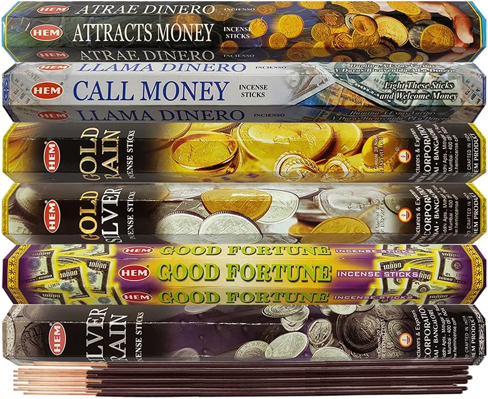 Hem 6 Money Themed Scents Incense Sticks Variety Pack - 20 sticks/scent - Total Approx 120 Joss Sticks Incienso Sahumerio