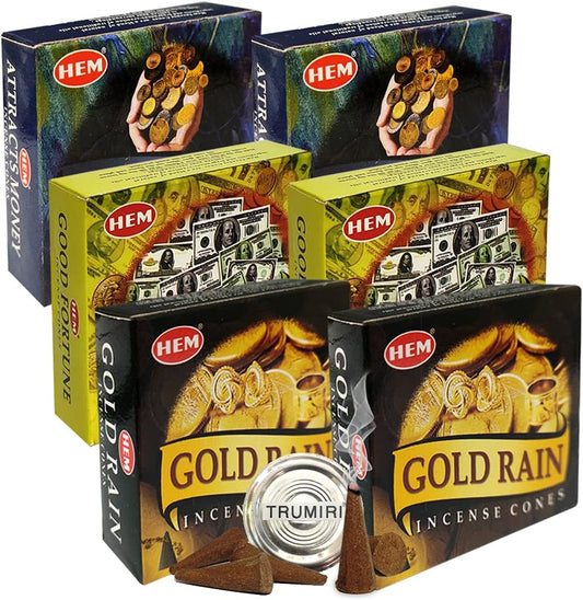 Hem 6 Money and Luck Themed Incense Cones Variety Pack - 10 cones/scent - Total Approx 60 Cones