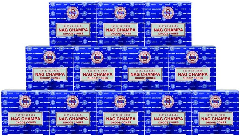 Satya Nag Champa Incense Cones - 12 Packs of 12 Nagchampa Dhoop Cones - Total Approx 144 Cones