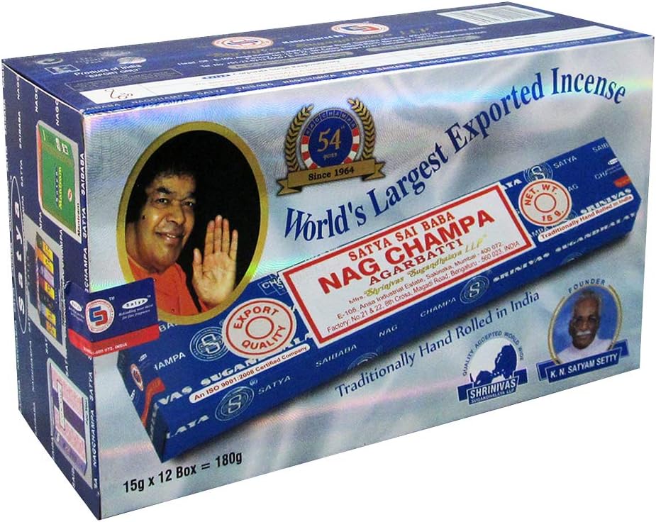 Satya Nag Champa Incense Sticks - 12 Packs of 15g Nagchampa - Total Approx 180 Indian Agarbatti Spiritual Sticks