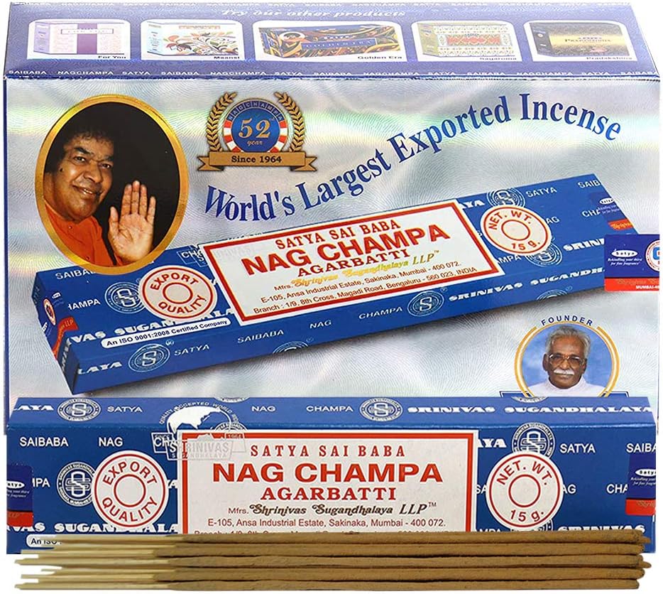 Satya Nag Champa Incense Sticks - 12 Packs of 15g Nagchampa - Total Approx 180 Indian Agarbatti Spiritual Sticks