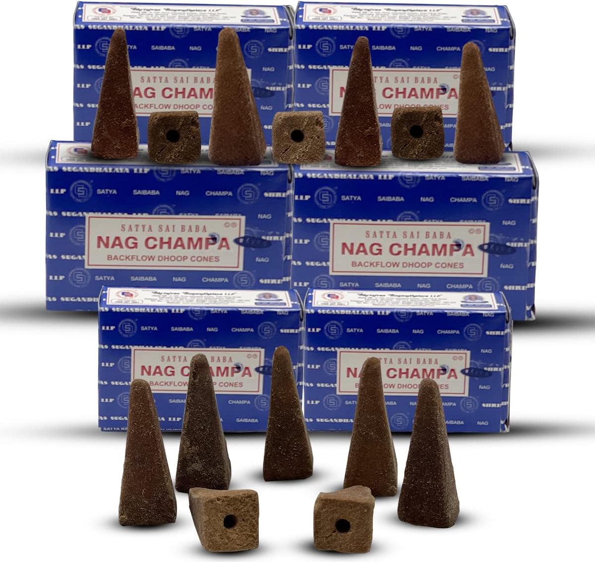 Satya Nag Champa Backflow Incense Cones - 6 Packs of 10 Nagchampa cones - Total Approx 60 Incense Waterfall Cones