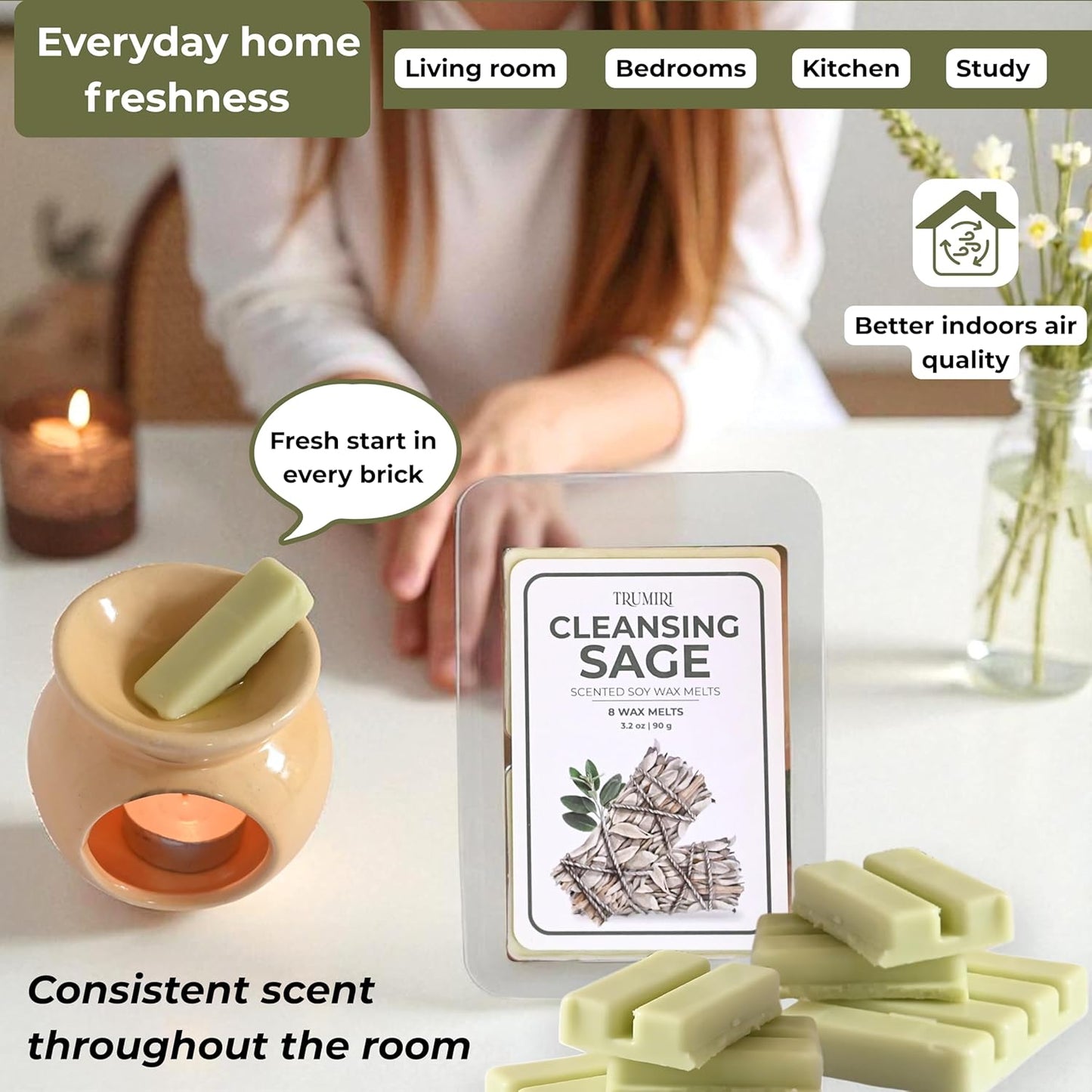 Cleansing Sage Scented Wax Melts - Made With Non Toxic Soy Wax And Essential Oils - Long Lasting Strong Scent Pet Safe Candle Wax Cubes Tarts For Warmers - For Cleansing Negative Energy And Protection
