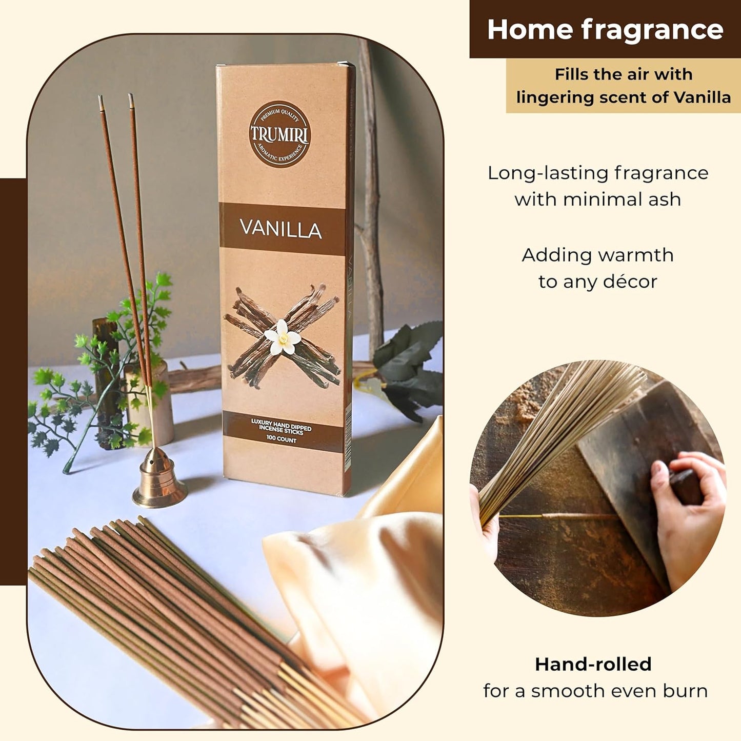 Vanilla Incense Sticks - Pack of 100 Insence-Sticks - Inciensos Aromaticos para La Casa Made with Natural Inscent Ingredients - Scented Insence Non Toxic Incents
