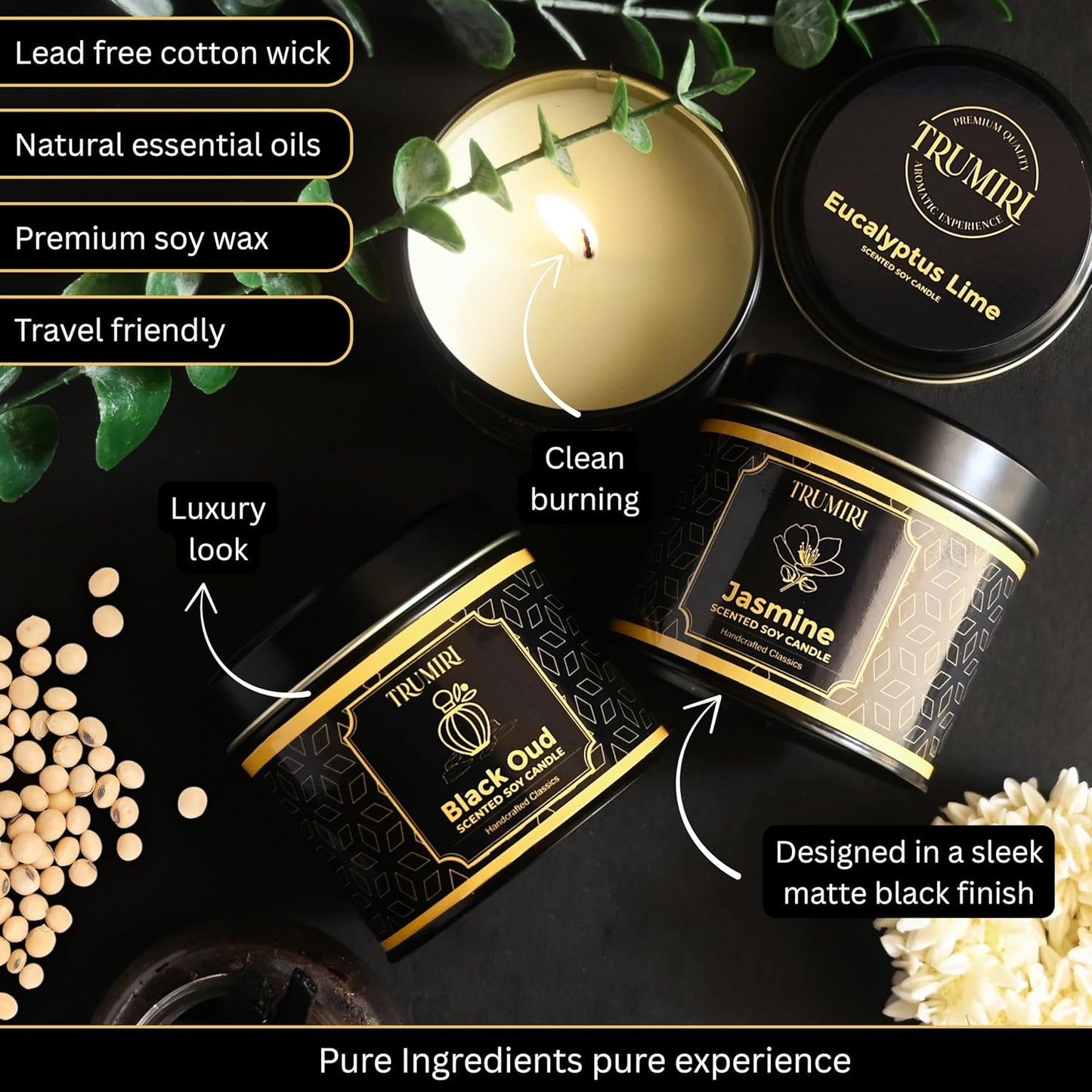 Candle Gift Set of 3 Black Oud|Jasmine|Eucalyptus Lime Highly Scented Soy Candels Natural Non Toxic Velas Aromáticas Favors for Women Coworkers Friends Guests Also for Fall Diwali Christmas Holidays