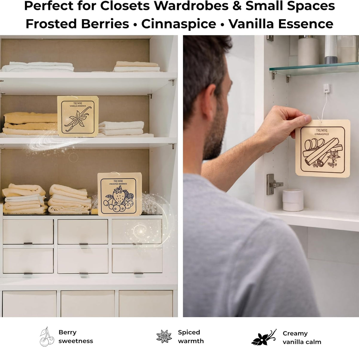 Frosted Berries|Cinnamon|Vanilla Scented Drawer & Closet Air Freshener Sachet– Variety Pack of 3–Long-Lasting Hanging Bag, Scent Diffuser, Odor Eliminator, Wardrobes, Dressers–Home Fragrance Gift Set
