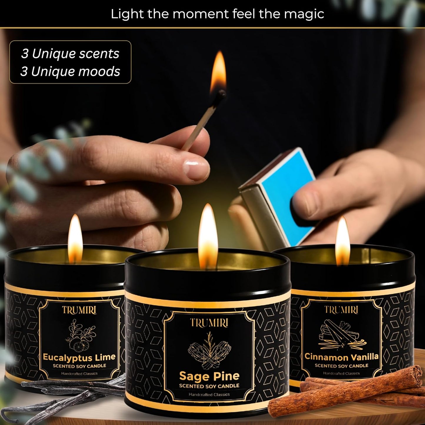 Candle Gift Set Of 3 Sage Pine|Cinnamon Vanilla|Eucalyptus Lime Highly Scented Soy Candels Clean Non Toxic Velas Aromáticas Favors For Women Coworkers Friends Guests Also For Diwali Christmas Holidays
