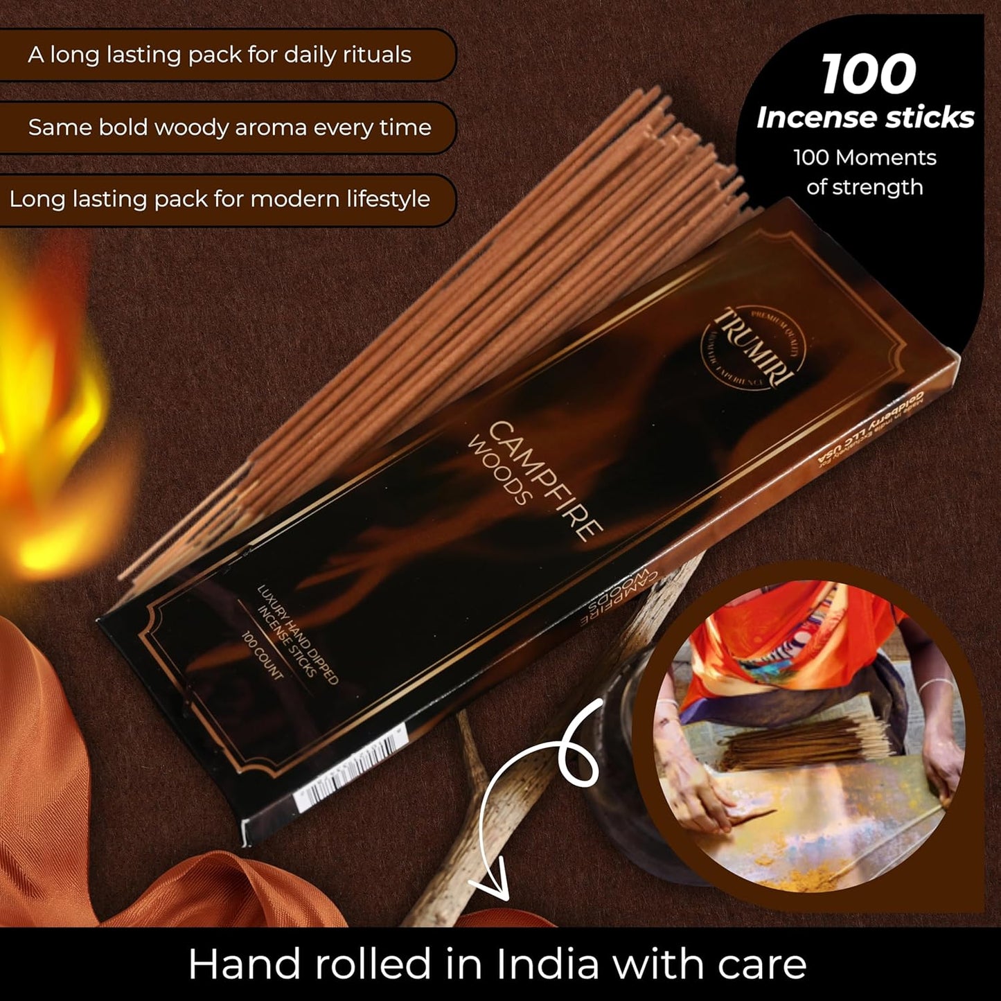 Campfire Woods Incense Sticks - Pack of 100 Inscents-Sticks - Inciensos Aromaticos para La Casa - Made with Natural Ingredients - Scented Insence Non Toxic Insense Incents