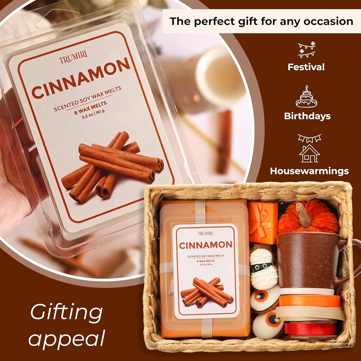 TRUMIRI Cinnamon Scented Wax Melts - Made with Non Toxic Soy Wax and Essential Oils - Long Lasting Strong Scent Pet Safe Candle Wax Cubes Tarts for Warmers Pack of 4 - Fall Christmas