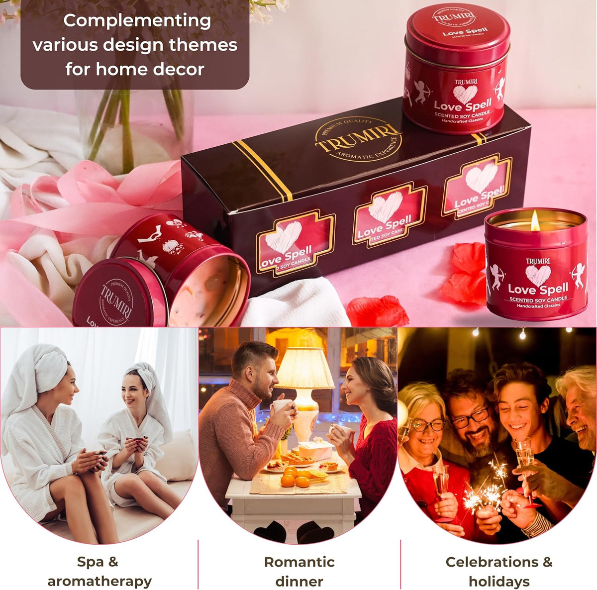 Love Spell - Scented Candles for Women & Men with Rose Petals and Crystals - Pack of 3 x 5oz Soy Clean Organic Non Toxic - Velas Aromáticas - Aromatherapy Spa Valentines Gift Candel