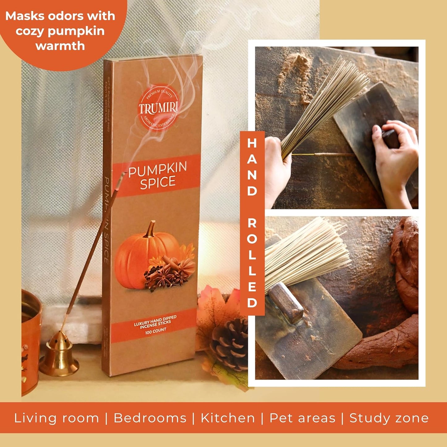 Pumpkin Spice Incense Sticks - Pack of 100 Inscents-Sticks - Inciensos Aromaticos Made with Natural Spices - Scented Insence Non Toxic Insense Incents