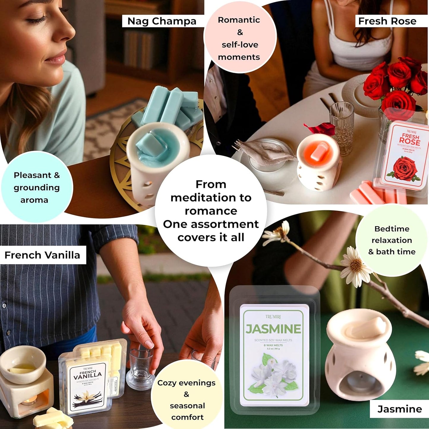 Scented Wax Melts Variety Pack of 4x8ea - Nag Champa|Fresh Rose|French Vanilla|Jasmine - Made with Non Toxic Soy Wax and Essential Oils- Long Lasting Strong...