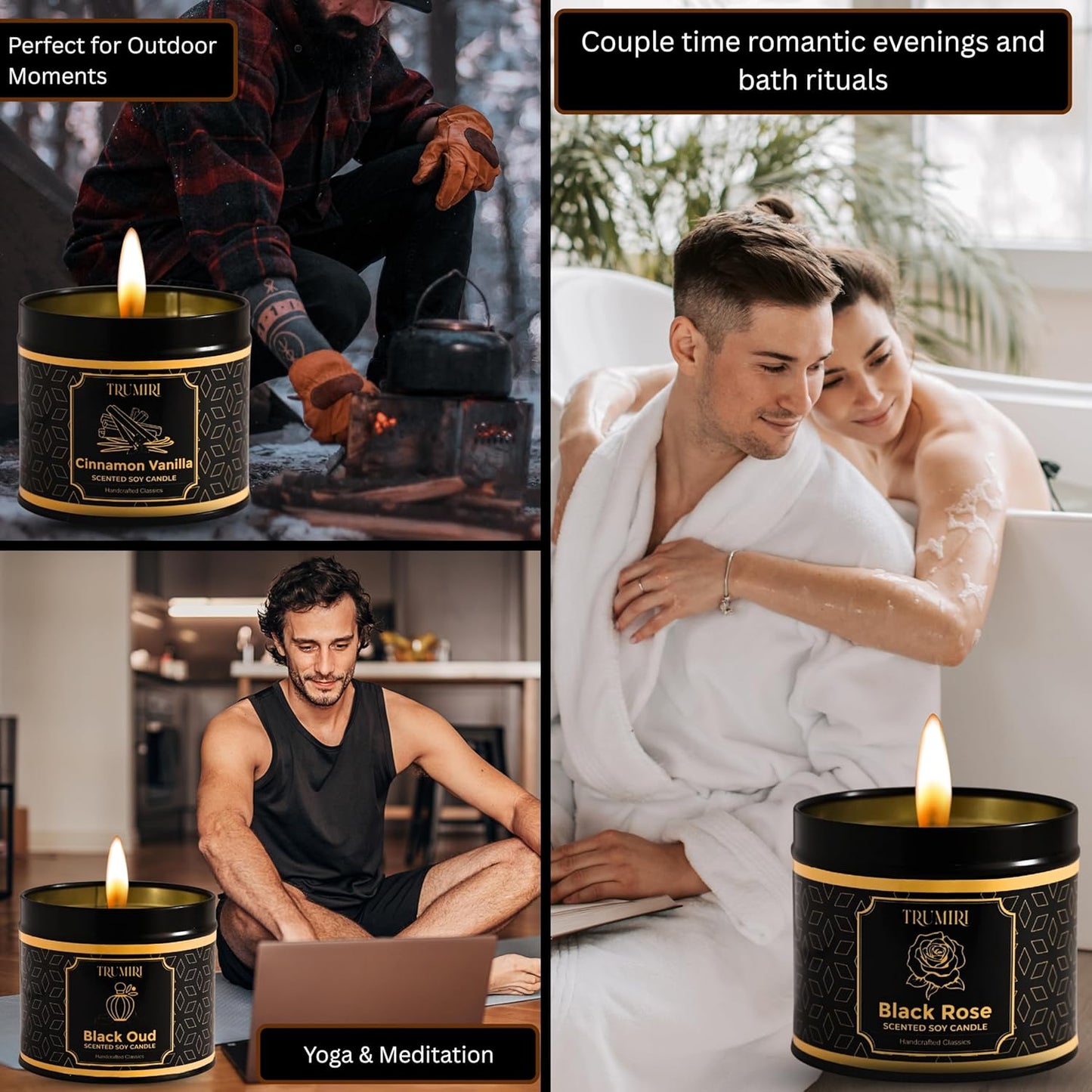 Candle Gift Set of 3 Black Oud|Cinnamon Vanilla|Black Rose Strong Scented Soy Candels Clean Non Toxic Velas Aromáticas Favors for Women Coworkers Friends Guests Also for Diwali Christmas Holidays