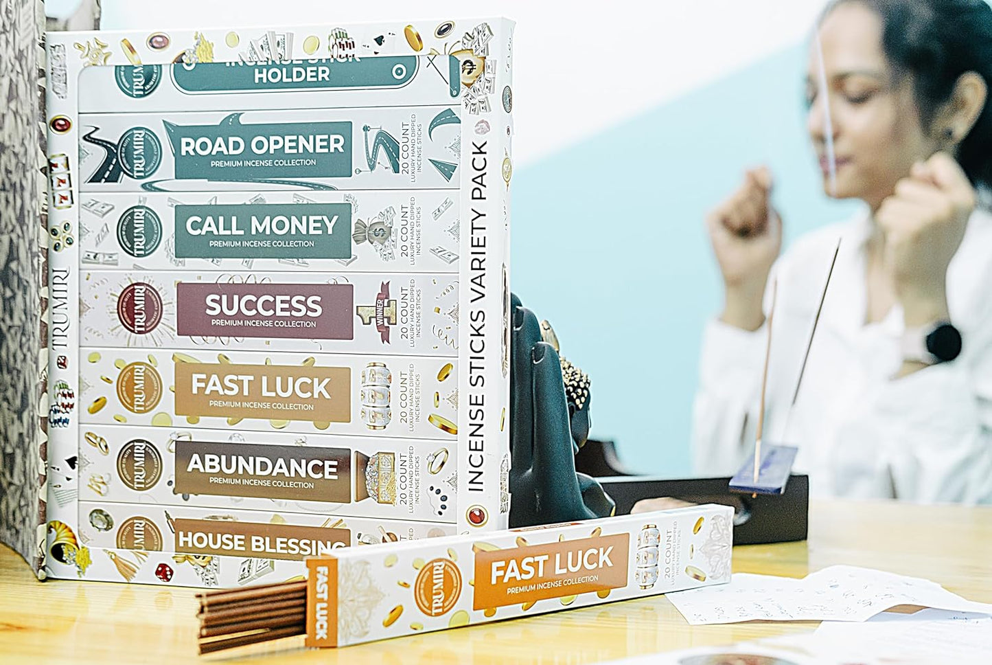 Money Incense Sticks Variety Pack with Incense Holder - 6 Scents - 20 Sticks/Scent - Total 120 Sticks - Incienso Sahumerio Agarbatti Joss Sticks