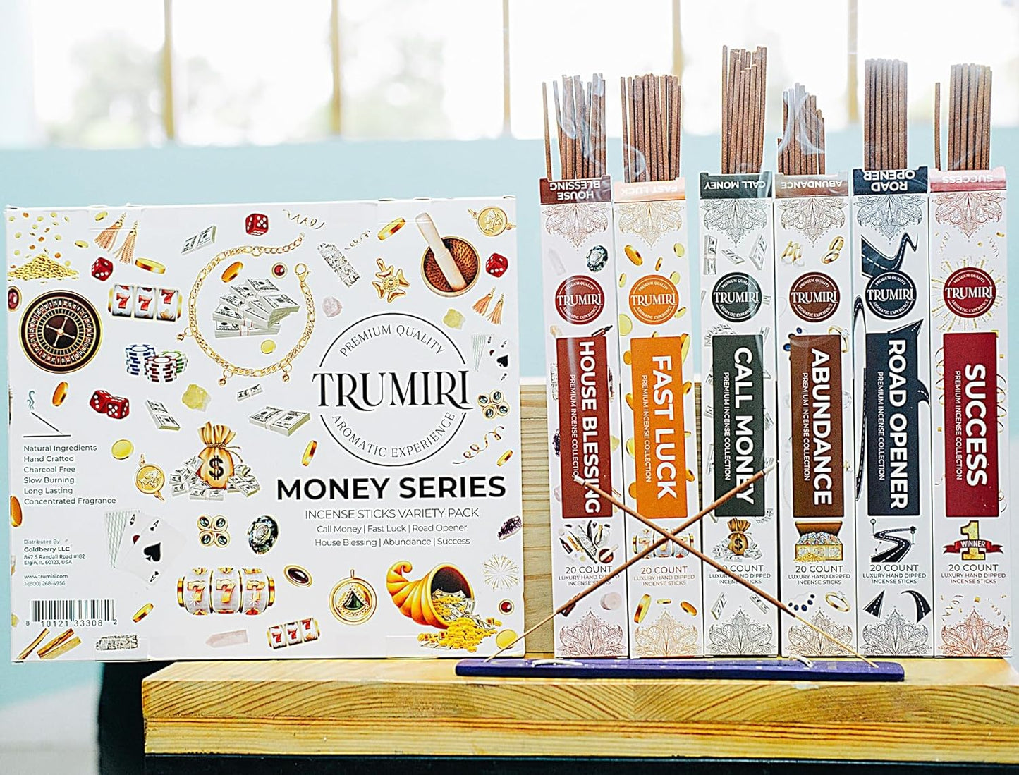 Money Incense Sticks Variety Pack with Incense Holder - 6 Scents - 20 Sticks/Scent - Total 120 Sticks - Incienso Sahumerio Agarbatti Joss Sticks