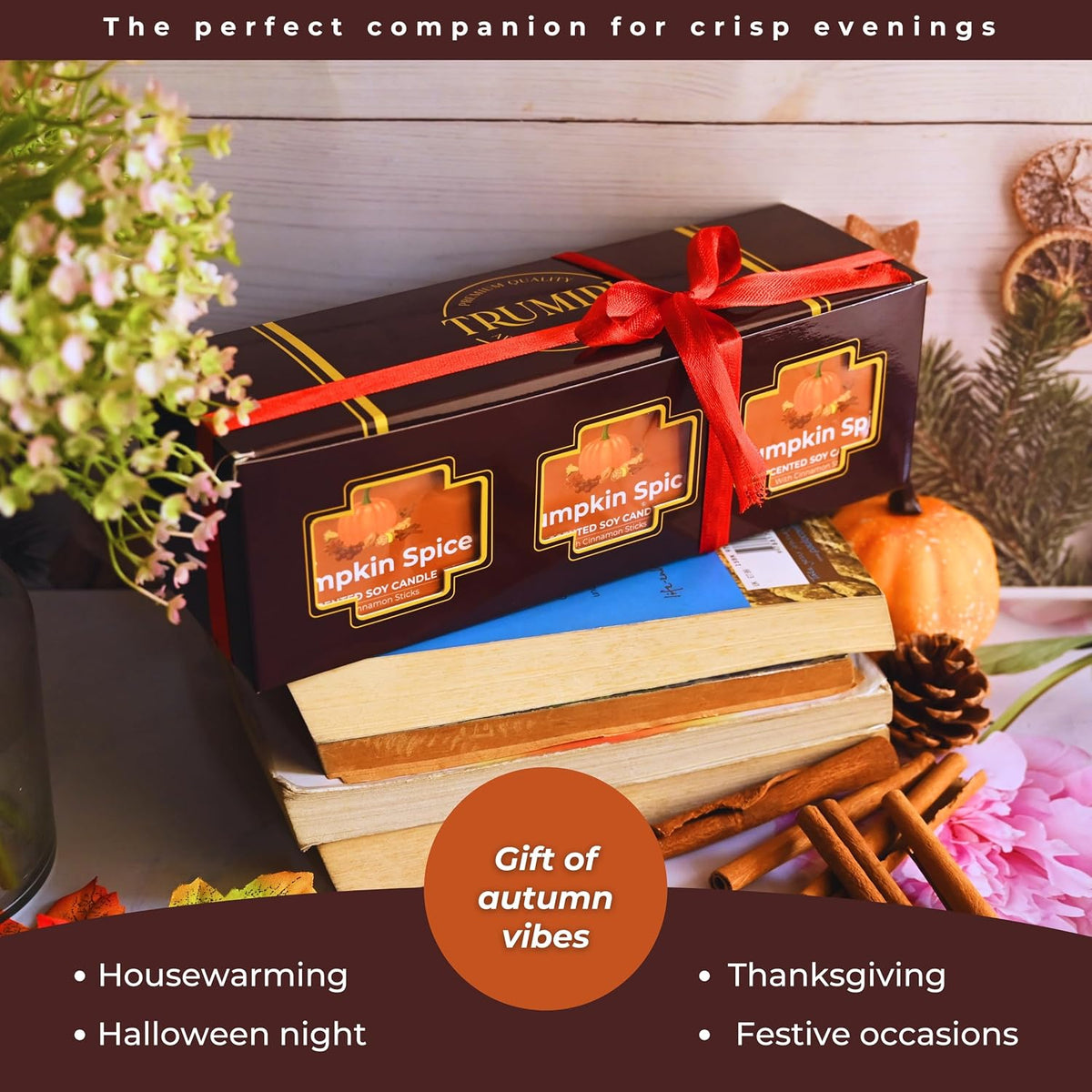 Pumpkin Spice - Cinnamon Soy Candles for Home Scented - for Fall Halloween Thanksgiving Holidays - Pack of 3 x 5oz Natural Clean Non Toxic Long Lasting Highly Scented Candels with Essential Oils