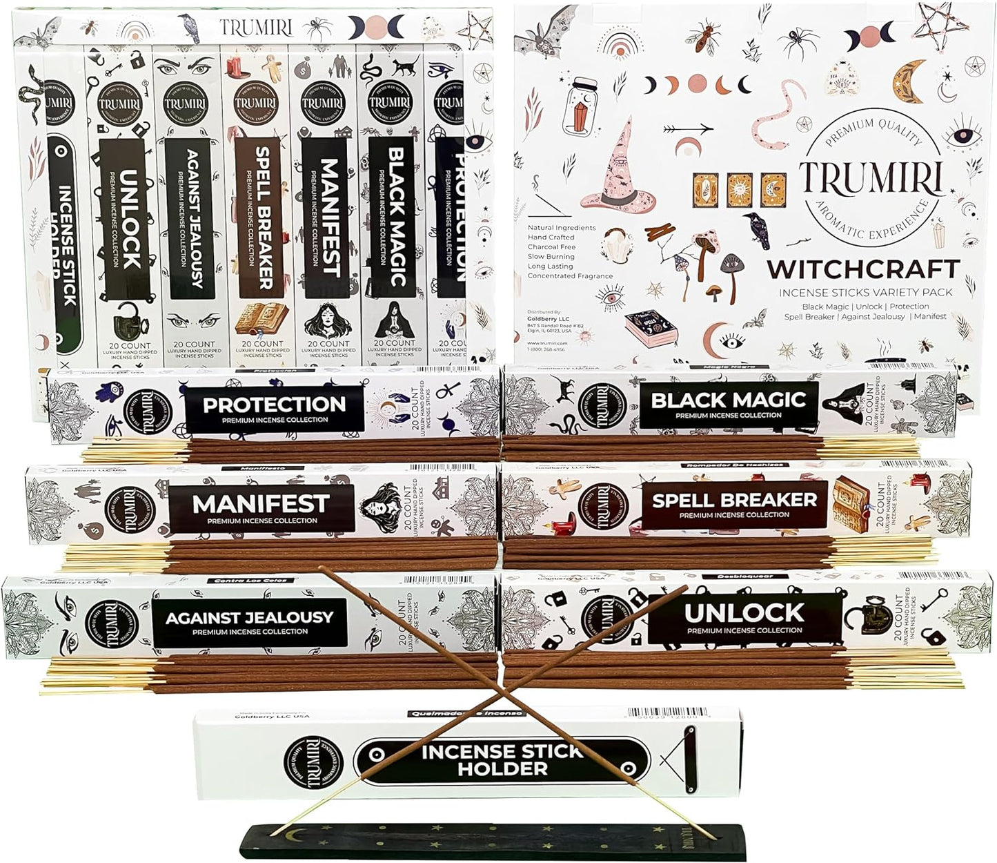 Witchcraft Incense Sticks Variety Pack with Incense Holder - 6 Scents - 20 Sticks/Scent - Total 120 Sticks - Incienso Sahumerio Agarbatti Joss Sticks