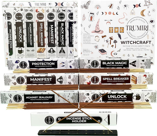 Witchcraft Incense Sticks Variety Pack with Incense Holder - 6 Scents - 20 Sticks/Scent - Total 120 Sticks - Incienso Sahumerio Agarbatti Joss Sticks