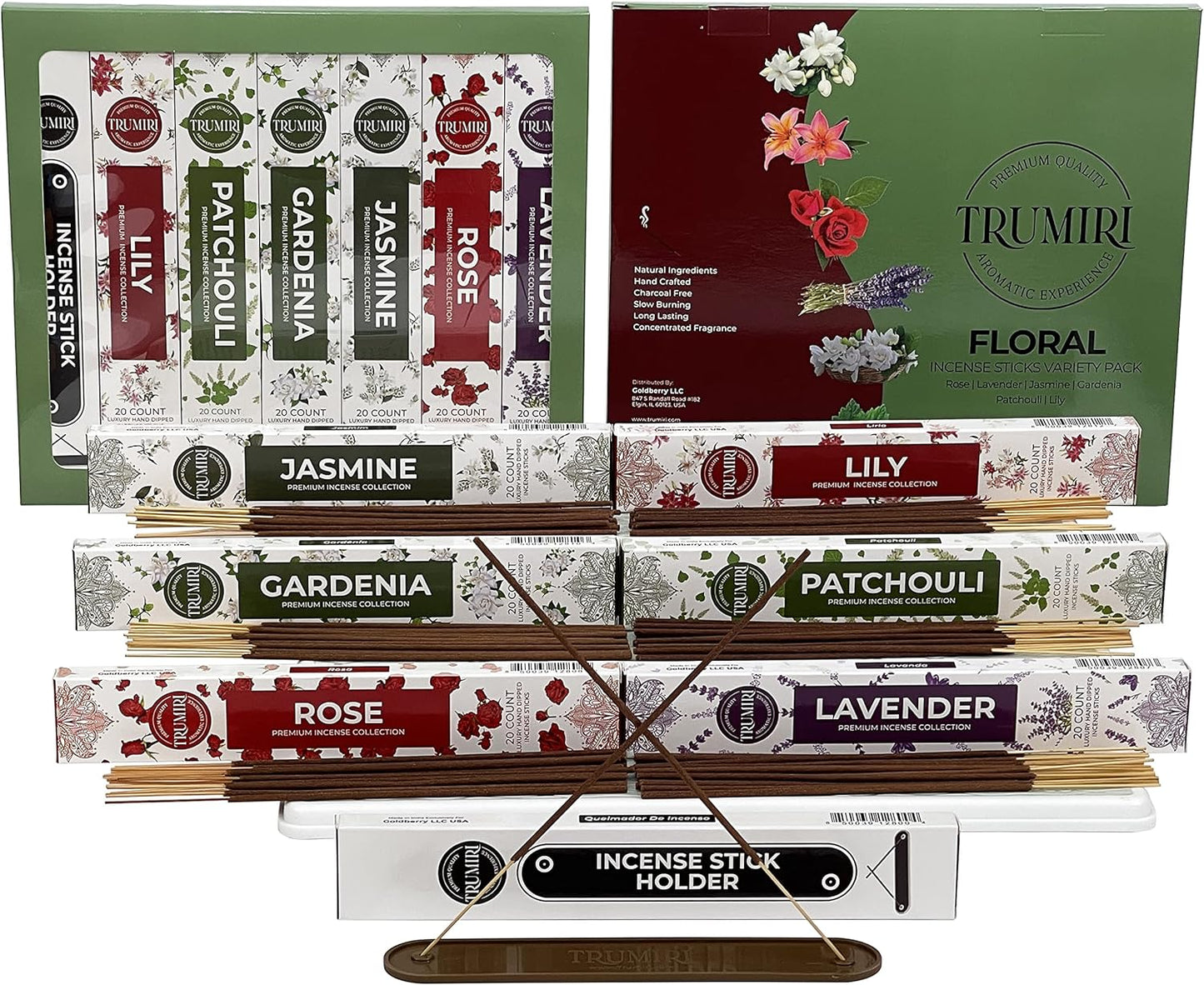 Floral Incense Sticks Variety Pack with Incense Holder - 6 Scents - 20 Sticks/Scent - Total 120 Sticks - Incienso Sahumerio Agarbatti Joss Sticks