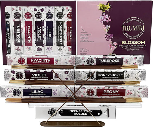 Blossom Incense Sticks Variety Pack with Incense Holder - 6 Scents - 20 Sticks/Scent - Total 120 Sticks - Incienso Sahumerio Agarbatti Joss Sticks