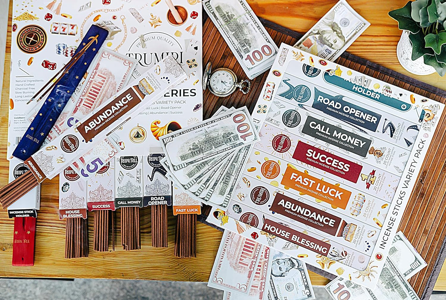 Money Incense Sticks Variety Pack with Incense Holder - 6 Scents - 20 Sticks/Scent - Total 120 Sticks - Incienso Sahumerio Agarbatti Joss Sticks
