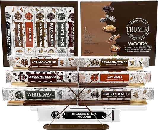 Woody Incense Sticks Variety Pack with Incense Holder - 6 Scents - 20 Sticks/Scent - Total 120 Sticks - Incienso Sahumerio Agarbatti Joss Sticks