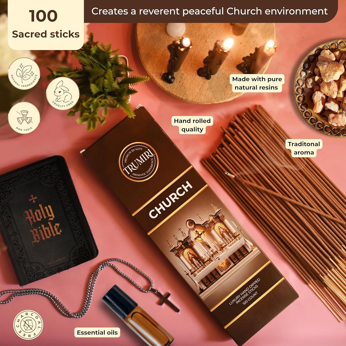 Church Incense Sticks - Bulk Pack of 100 Insence-Sticks - Made with Natural Incienso - Sacred Insense Non Toxic Spiritual Incents Incence