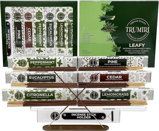 Leafy Incense Sticks Variety Pack with Incense Holder - 6 Scents - 20 Sticks/Scent - Total 120 Sticks - Incienso Sahumerio Agarbatti Joss Sticks