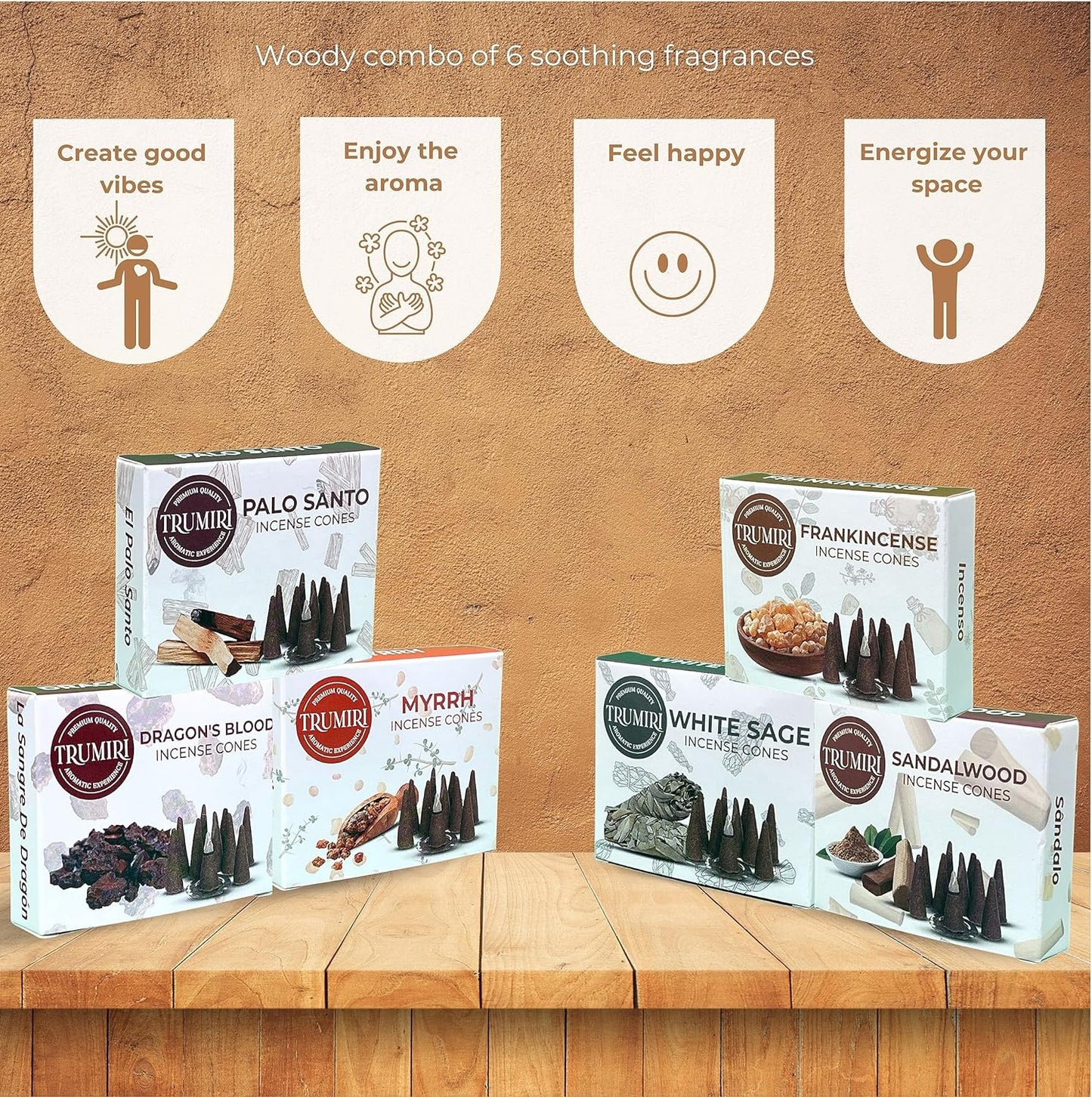 Woody Scents Incense Cones Variety Pack of 6 Scents with 10 Cones per Scent - Total 60 Cones