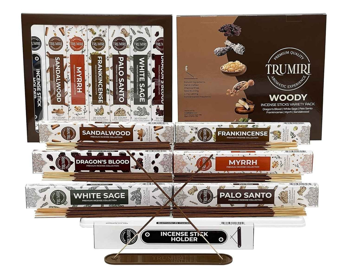 Woody Incense Sticks Variety Pack with Incense Holder - 6 Scents - 20 Sticks/Scent - Total 120 Sticks - Incienso Sahumerio Agarbatti Joss Sticks