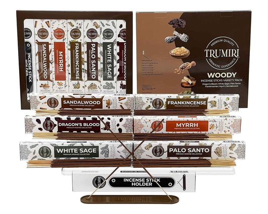 Woody Incense Sticks Variety Pack with Incense Holder - 6 Scents - 20 Sticks/Scent - Total 120 Sticks - Incienso Sahumerio Agarbatti Joss Sticks