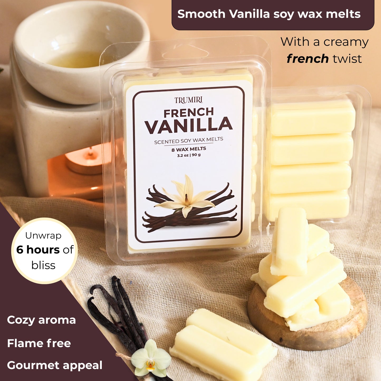French Vanilla Scented Wax Melts - Made With Non Toxic Soy Wax And Essential Oils - Long Lasting Strong Scent Pet Safe Candle Wax Cubes Tarts For Warmers Pack Of 4 - Fall Christmas Holidays Gift