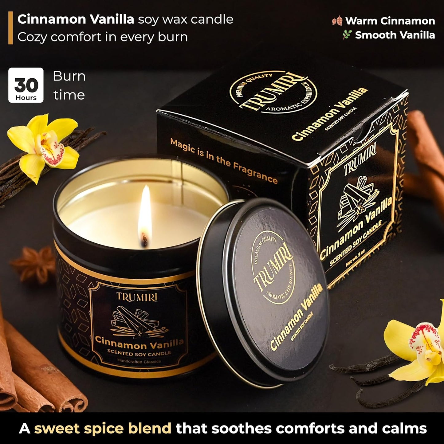 Vanilla Candle with Cinnamon Strong Scented Soy Candel Natural Non Toxic Velas Aromáticas for Women Gift for Fall Christmas Holidays Pack of 1 5Oz Decorartive Travel Tin