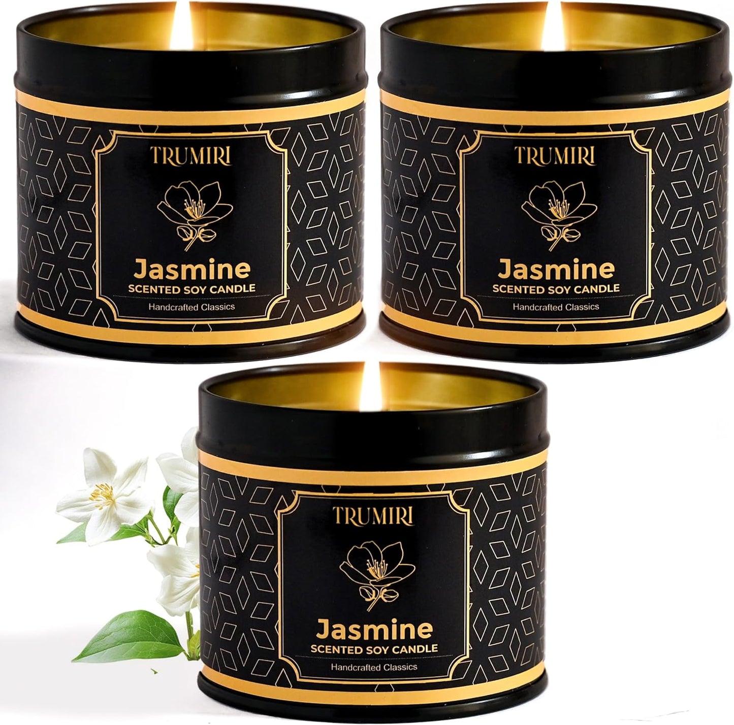 Jasmine Candle Strong Scented Soy Candel Clean Non Toxic Velas Aromáticas for Women Gift for Diwali Pack of 3 5Oz Decorative Tin Jars with Lids