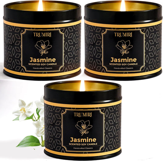 Jasmine Candle Strong Scented Soy Candel Clean Non Toxic Velas Aromáticas for Women Gift for Diwali Pack of 3 5Oz Decorative Tin Jars with Lids