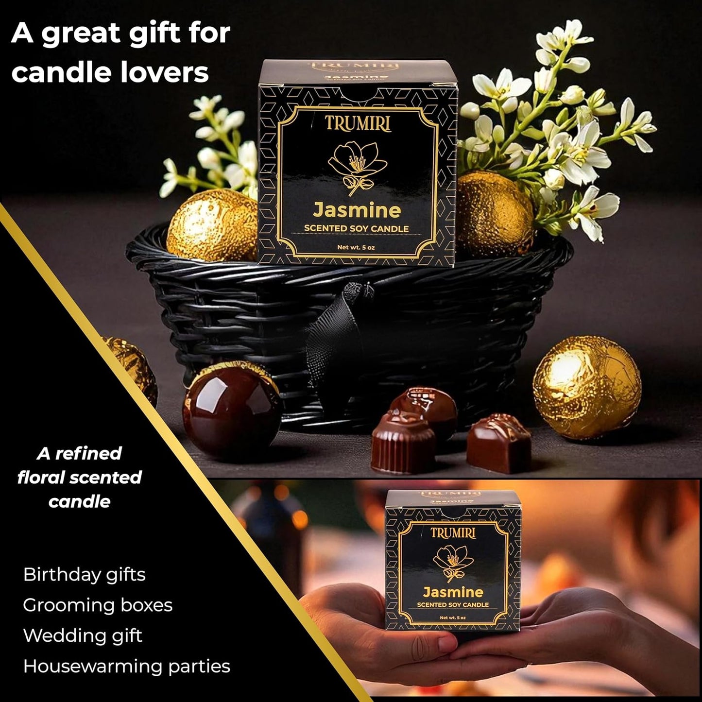 Jasmine Candle Strong Scented Soy Candel Natural Non Toxic Velas Aromáticas Gift for Women Pack of 1 5Oz Decorartive Travel Tin
